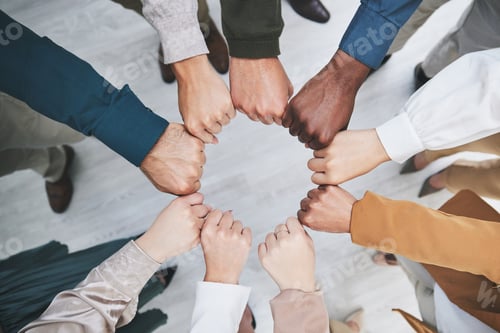 Preview: Hands, fist bump and team, support with solidarity and business people with top view and community.