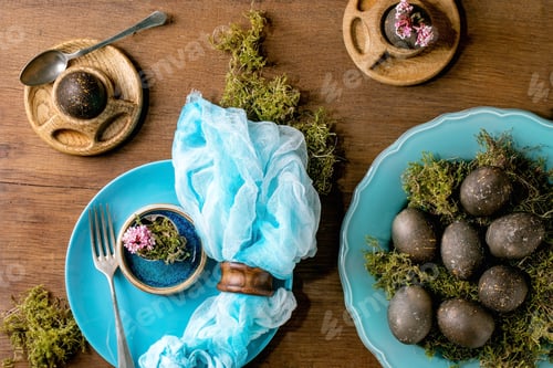 Preview: Easter table setting with empty turquoise ceramic tableware
