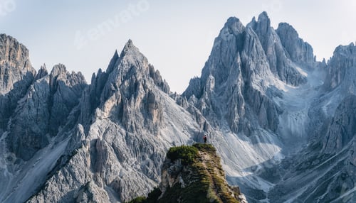 Preview: Man hiker standing and admiring stunning beauty of impressive jagged peaks of Cadini di misurina