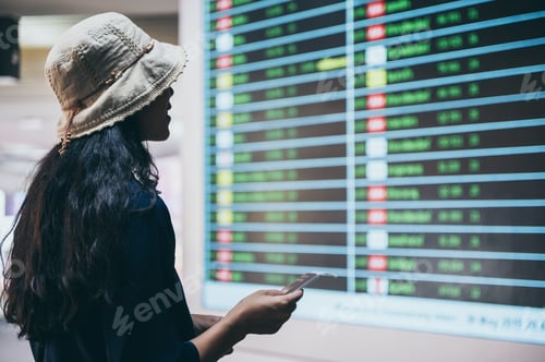 Preview: departure person using a phone in aerodrome airport terminal, searching travel trip