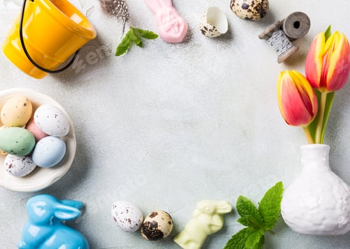 Preview: Easter flat lay with orange tulips