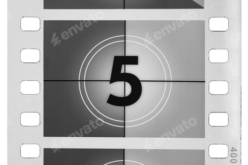 Preview: Classic film leader countdown with number five on screen isolated on white background.