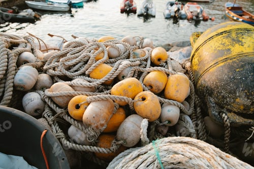 Preview: Fishing net with floats and ropes by the sea at sunset