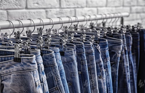 Preview: Rack with stylish jeans near brick wall, closeup