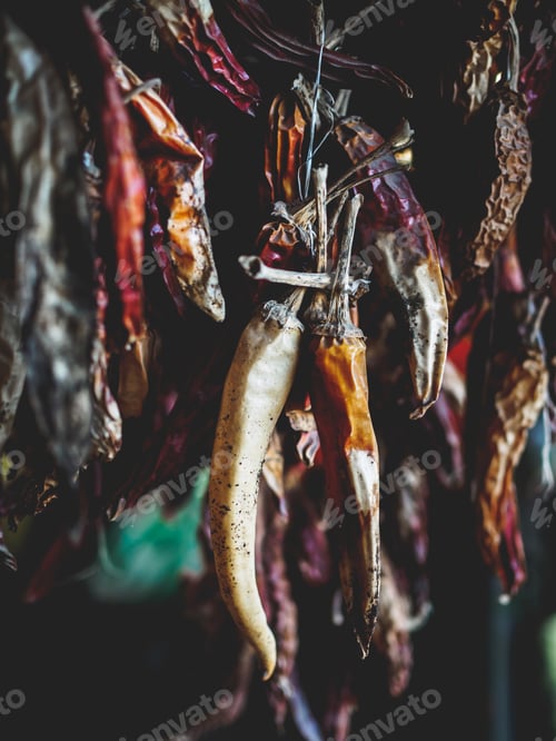 Preview: selective focus of dried organic chili peppers hanging on threads at georgian market