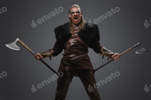 Preview: Furious nordic warrior with paired axes against gray background