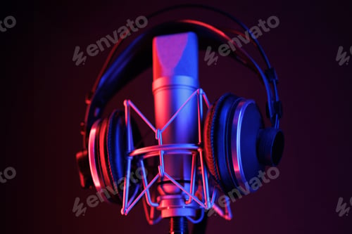 Preview: Microphone and headphones for podcasting or ASME sounds on a black stand in a recording studio.