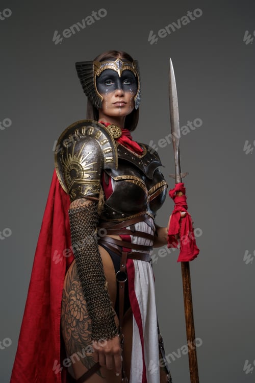 Preview: Tattooed woman warrior with red cape and spear