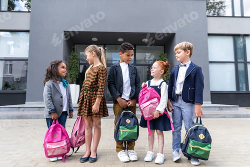 Preview: group of adorable multiethnic schoolchildren holding backpacks and looking at each other near school