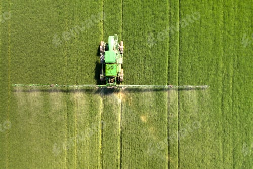Preview: Tractor spraying chemical pesticides with sprayer on the large green agricultural field at spring