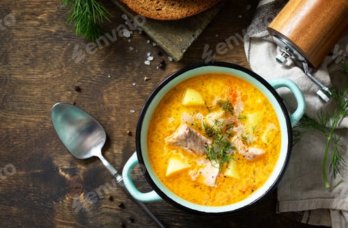 Preview: Norwegian cuisine. Soup with cream and salmon.