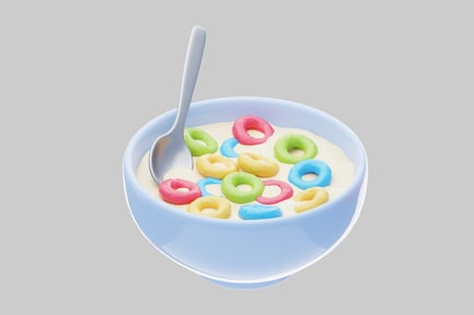 Preview: Bowl of cereal with milk and spoon.