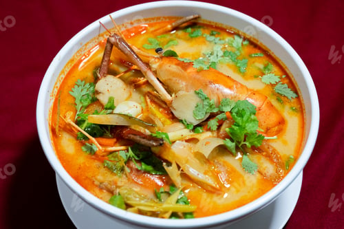 Preview: Top view closeup picture of famous Thai food called Tum Yum Kung. The big shrimp in the spicy soup.