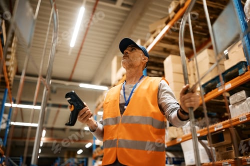 Preview: Mature warehouse worker using bar code reader while scanning packages at storage room.