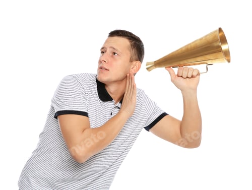 Preview: Young man with megaphone on white background
