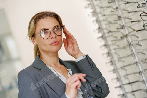 Preview: Businesswoman trying to choose glasses standing near a showcase in ophthalmic store