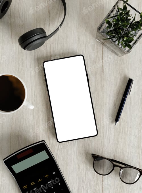 Preview: Efficient Tech Workspace Flat Lay with Smartphone and Calculator 3D Render