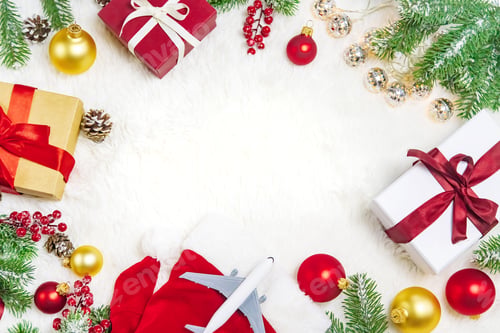 Preview: beautiful christmas background with airplane, travel concept. selective focus.