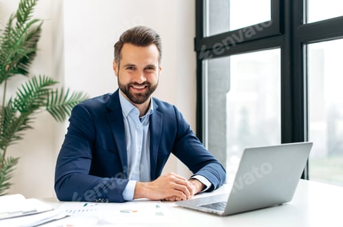 Preview: Portrait of a positive handsome confident successful caucasian man in a suit, IT specialist