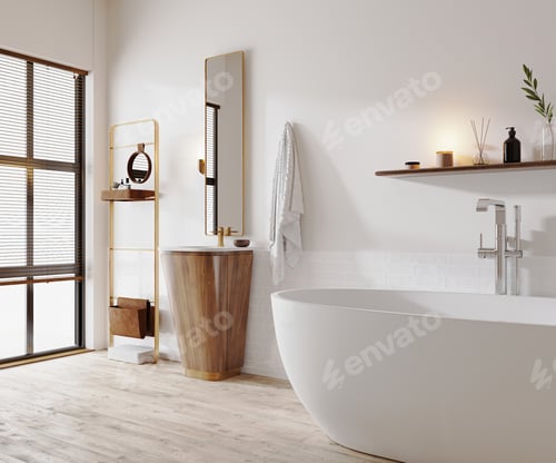 Preview: Luxury modern home bathroom interior with light wall and window, wooden furniture and sink