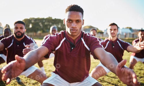 Preview: Sports, men and portrait of a rugby team on a field for stretching, training and fitness exercise.