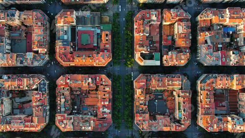 Preview: Overhead View of Barcelona Skyline: Eixample Residential District at Dawn in Catalonia, Spain