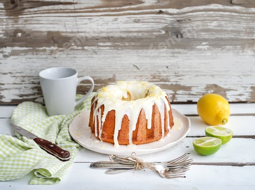 Preview: Moist lime and lemon bundt yoghurt cake, white rustic wooden background.
