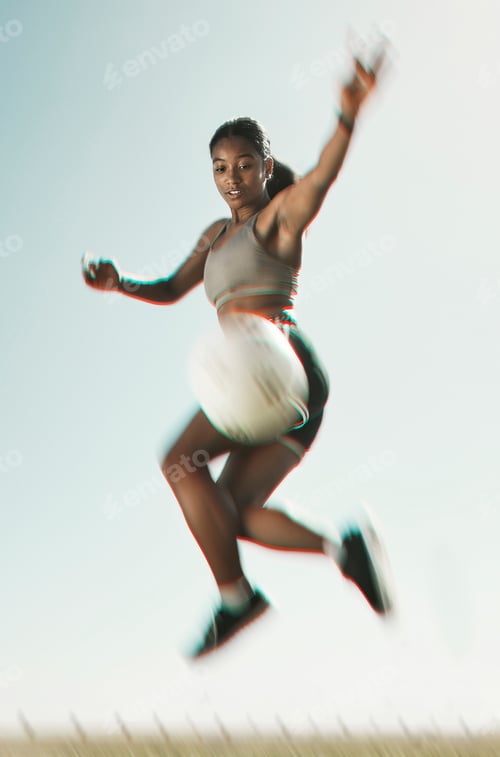 Preview: Soccer, ball and athlete jumping for a trick during training for a game on outdoor sports field. Fo