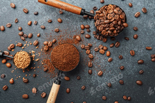 Preview: Ground coffee and whole beans with scoops on gray background