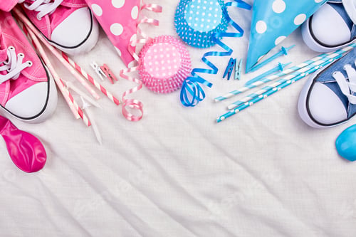 Preview: Birthday twins boy and girl party greeting card, pink and blue festival items, party.