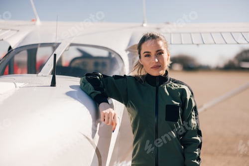 Preview: Young Woman Pilot Standing Confidently Beside Small Aircraft at An Airfield