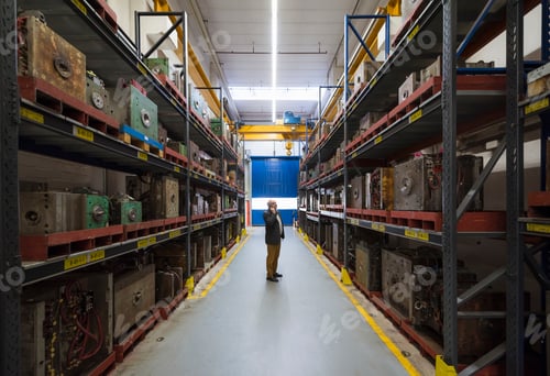 Preview: Businessman on the phone in factory storehouse