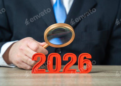 Preview: A businessman studies the future year 2026. Business plans and goals. Summing up