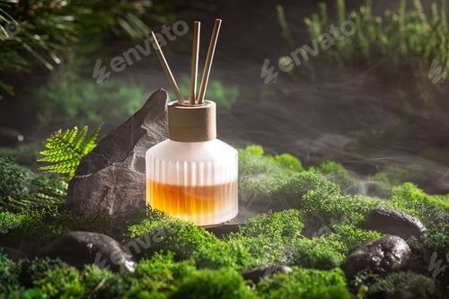Preview: Beautiful fragrance diffuser on the moss among the damp stones.