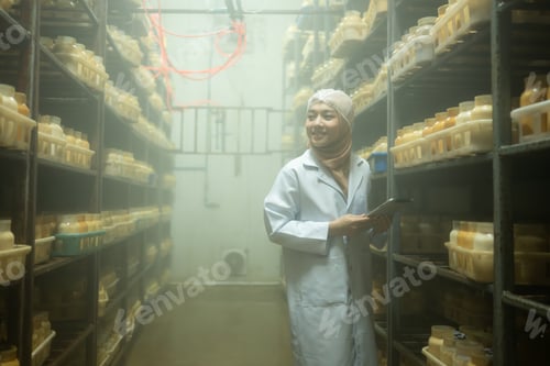 Preview: Young asian muslim female scientist doing research at a mushroom factory,