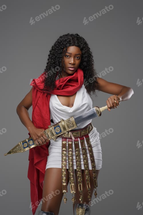 Preview: Ancient female roman soldier with gladius and red cape