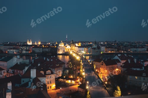 Preview: Panoramic view of Charles Bridge at night, Prague, Czech Republic, Europe