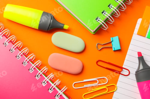 Preview: Composition with school supplies on color background, closeup