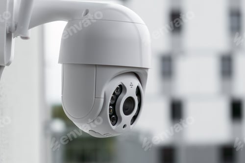 Preview: Modern CCTV camera on a wall with a blurred multi-storey building on the background.