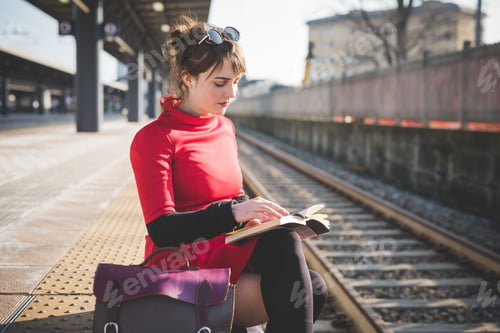 Preview: young beautiful red dressed vintage hipster woman