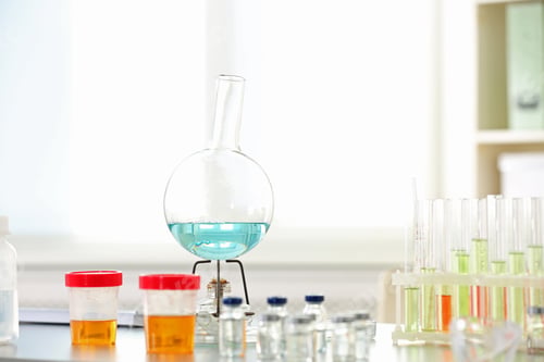 Preview: Laboratory glassware on table indoors. Research and analysis