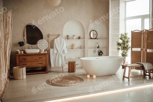 Preview: Soft native hues organic shapes look of bathroom with big window oval bathtub in neutrals tones.