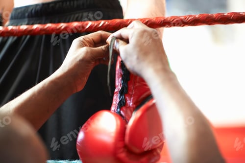 Preview: Coach helping boxer put on gloves, mid section