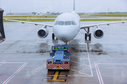 Preview: Preparations for departure airplanes are rolled out of terminal gates during rainy a weather
