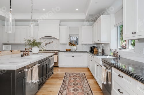 Preview: this white kitchen has wood floors and an oriental runner rug