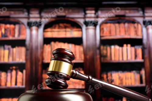 Preview: Close up of wooden judge gavel. Blury book library background