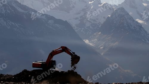 Preview: Mining industry concept. Creative. Quarry, opencast mining, ore extraction, working excavator in