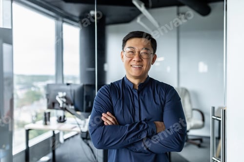 Preview: Portrait of successful asian businessman with crossed arms, businessman investor working inside