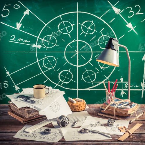 Preview: Vintage designer desk of mechanical parts as education concept