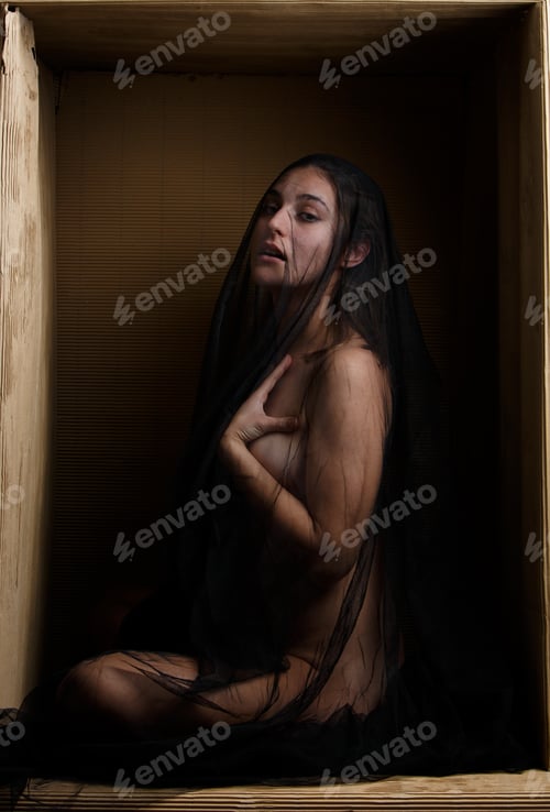 Preview: Sensual model under veil sitting in box